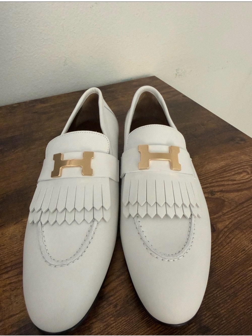 Hermes White Leather Kiltie Loafers with Gold H Hardware